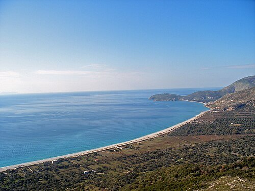 Borsh beach from above — Albania's longest beach stretching 7km along the Ionian coast