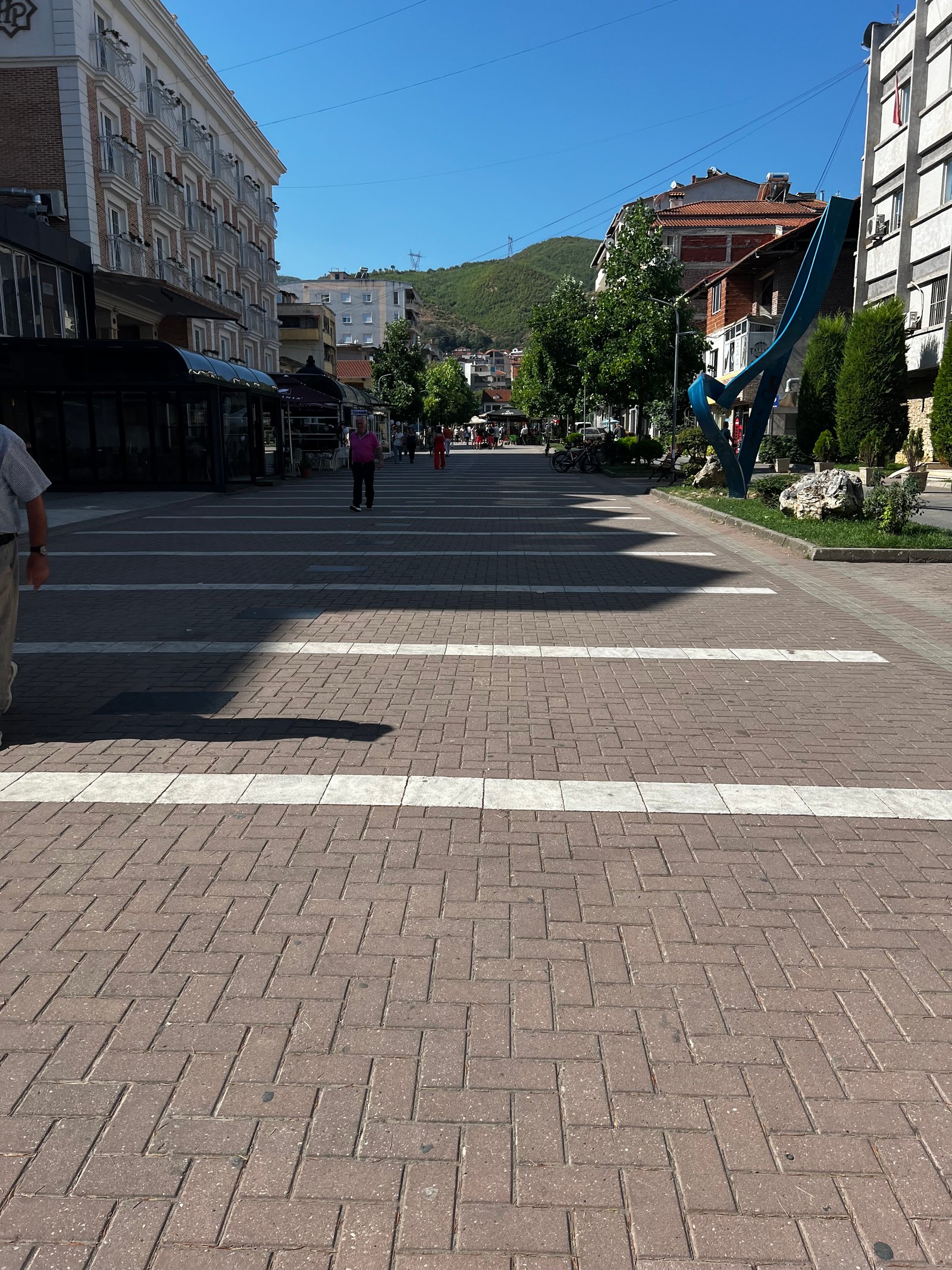 A pedestrian walkway in an Albanian city — wide paved street with shops and trees
