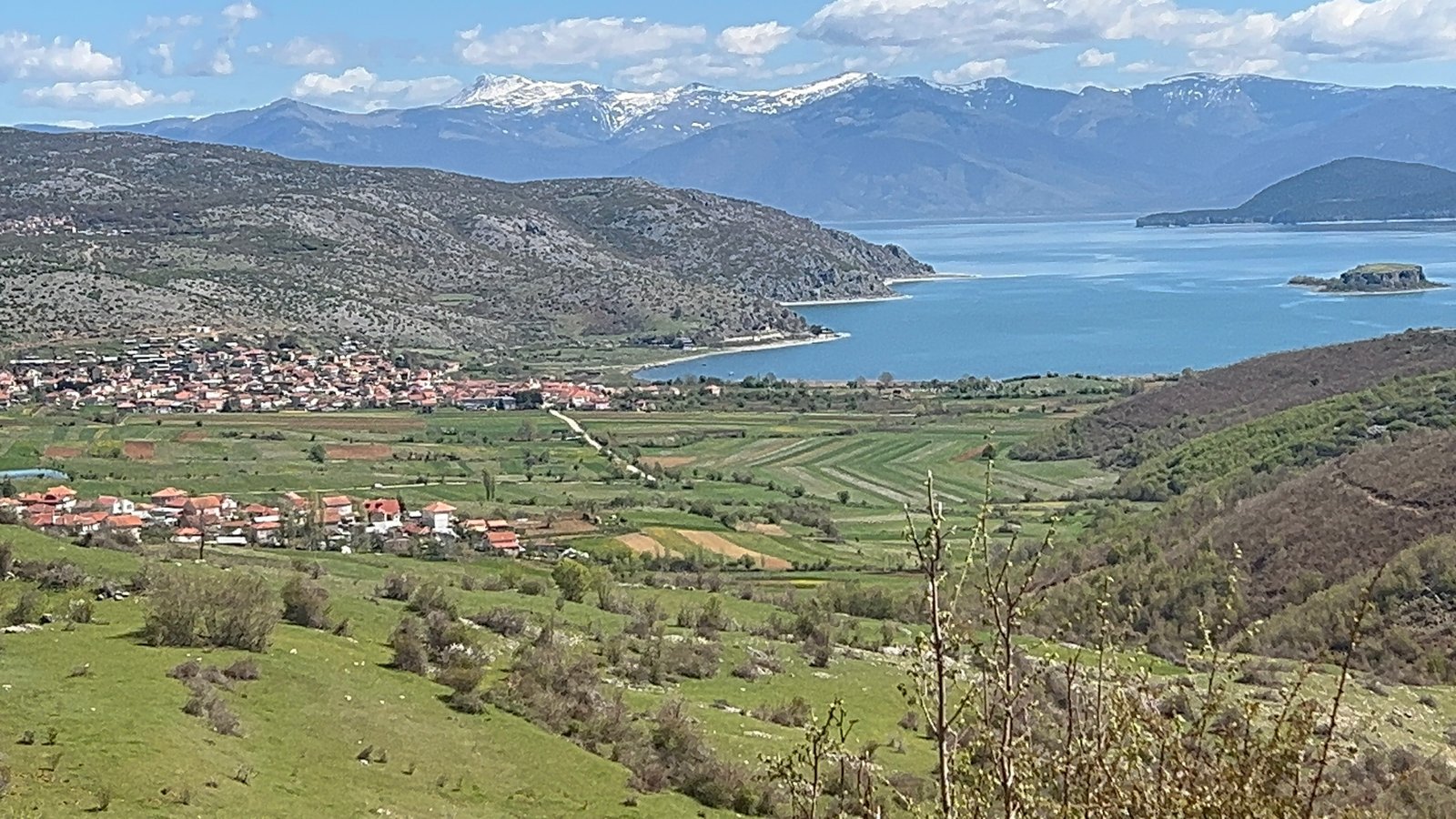 Panoramic view of Lake Ohrid from the hiking trail above Gurras village near Pogradec, Albania